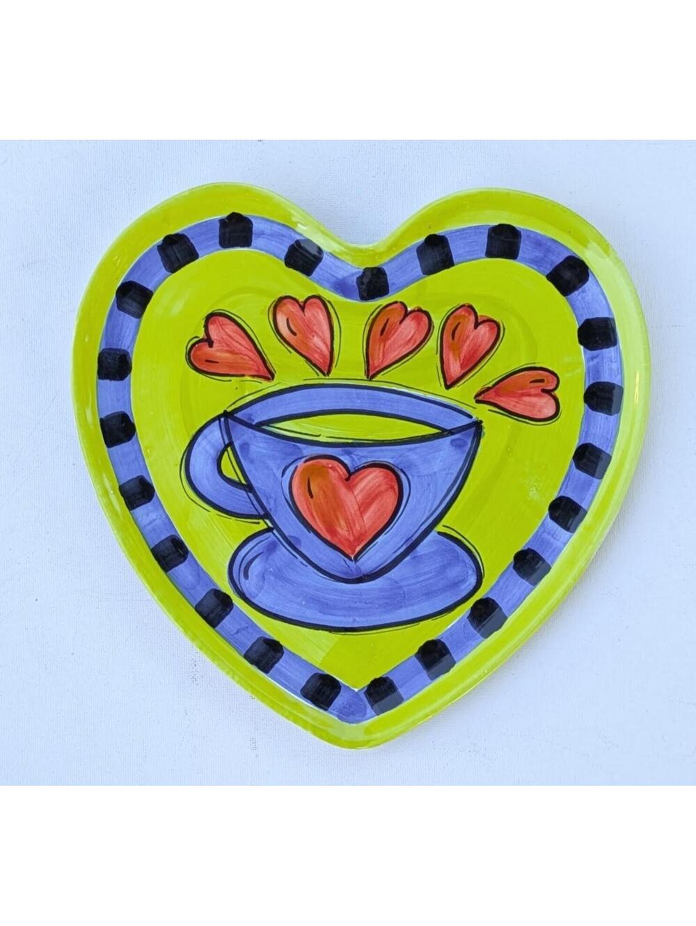 Vietri Hand Painted Pottery Plate, Heart Shaped, 90s/Y2k style illustration, 8"